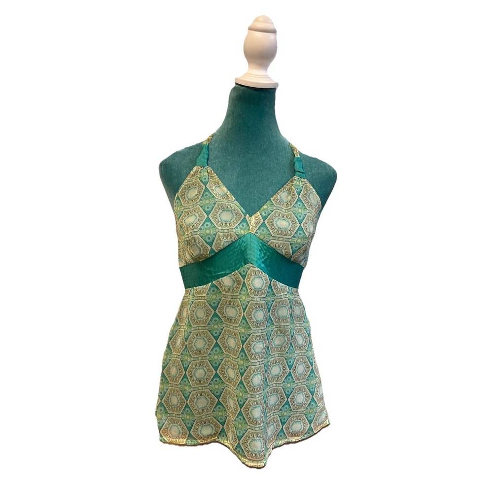 To The Max 100% Silk Halter Top‎ XS Teal Cream Geometric V Neck Y2K Blouse